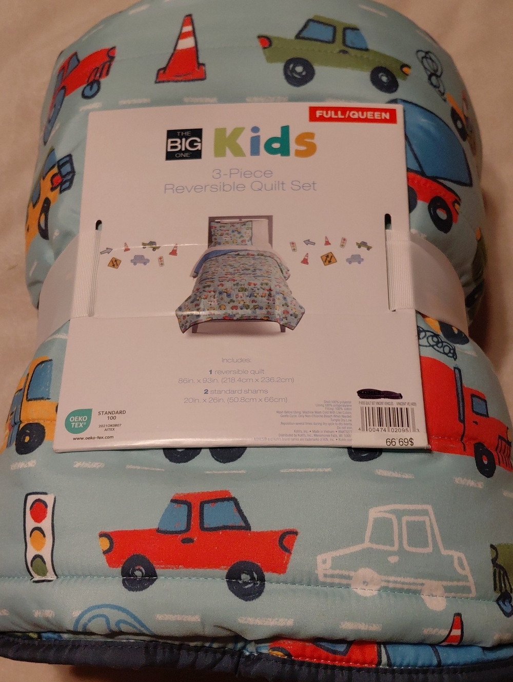 The Big One Kids Reversible Quilt Set - Light Blue with Red and Green Cars